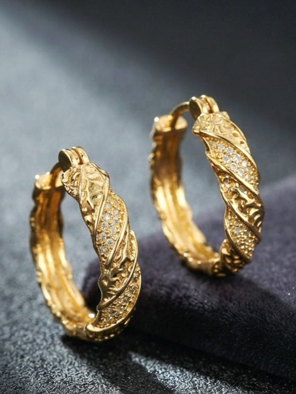 Gold over Silver Twisted Hoop Earrings with Pavé Stones size 0.75"